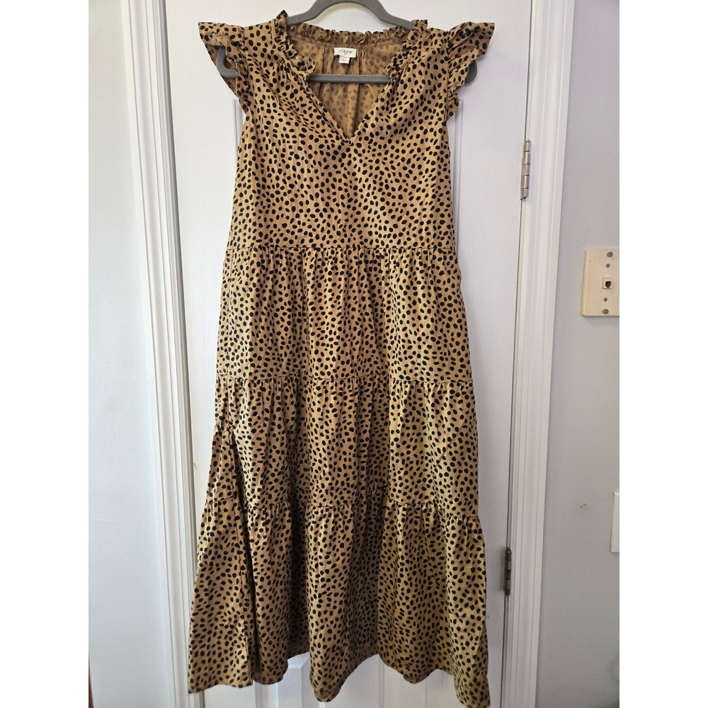 J.Crew Leopard Print Tiered Maxi Dress‎ Tan Black Flutter Sleeve XS Peasant